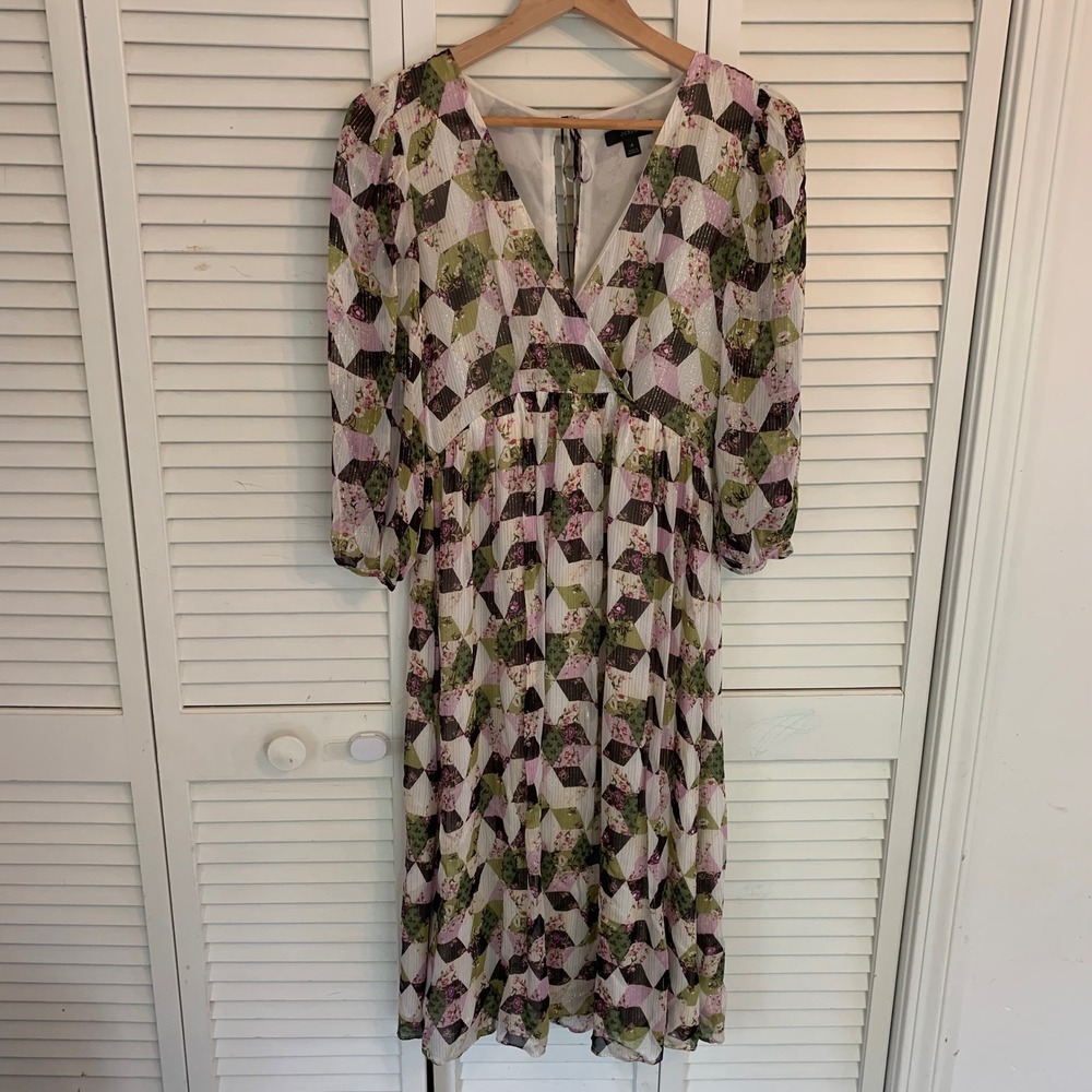 J.Crew Lurex Chiffon Patchwork Midi Dress Metallic Floral Sz 4 Cottagecore Boho